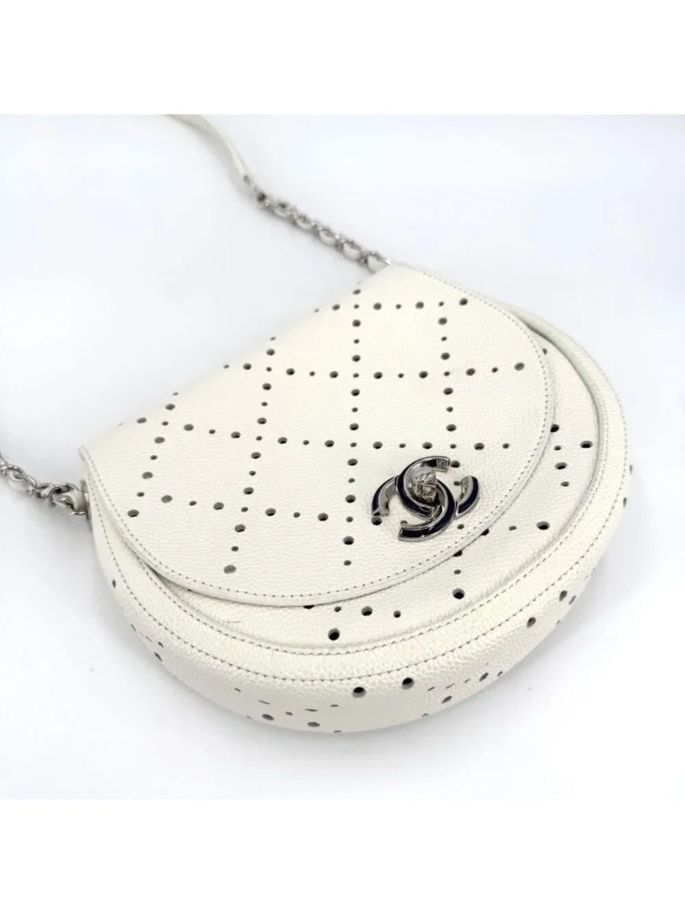 Chanel Shoulder Bag Perforated Pochette CC Logo Crossbody Leather White Silver